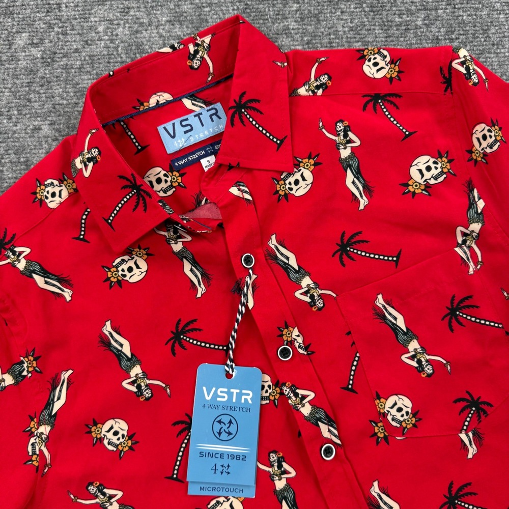 VSTR Mens Red Hula Girl Skeleton Palm‎ Tree Button Up Shirt Small NWT Microtouch